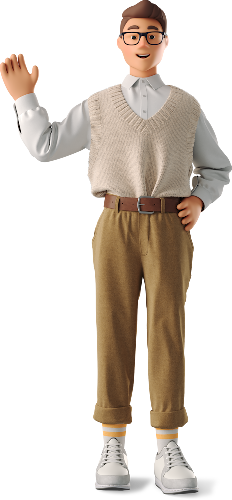 Un personnage souriant fait un signe de la main, avec lunettes, gilet beige, chemise blanche et pantalon marron aux pieds. Il présente les sites web réalisés pour ses clients