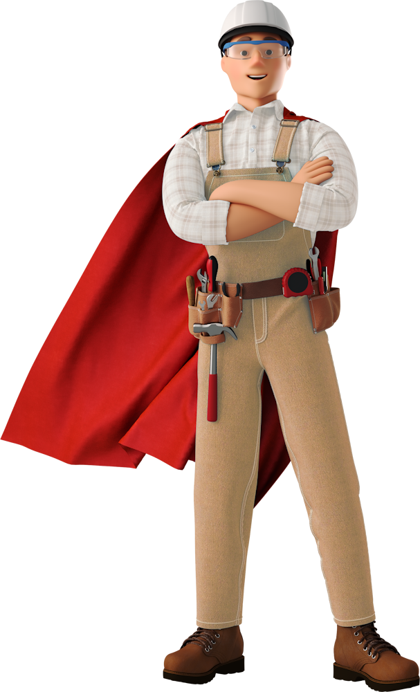 Un personnage en tenue de chantier, casque blanc, cape rouge et ceinture à outils, se tient bras croisés avec un sourire sur fond noir. C'est le super héro de la maintenance de site web
