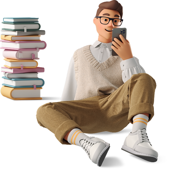 Un jeune homme en 3D, lunettes rondes et gilet beige, consulte son smartphone assis près d'une pile de livres colorés, sur fond noir uni.