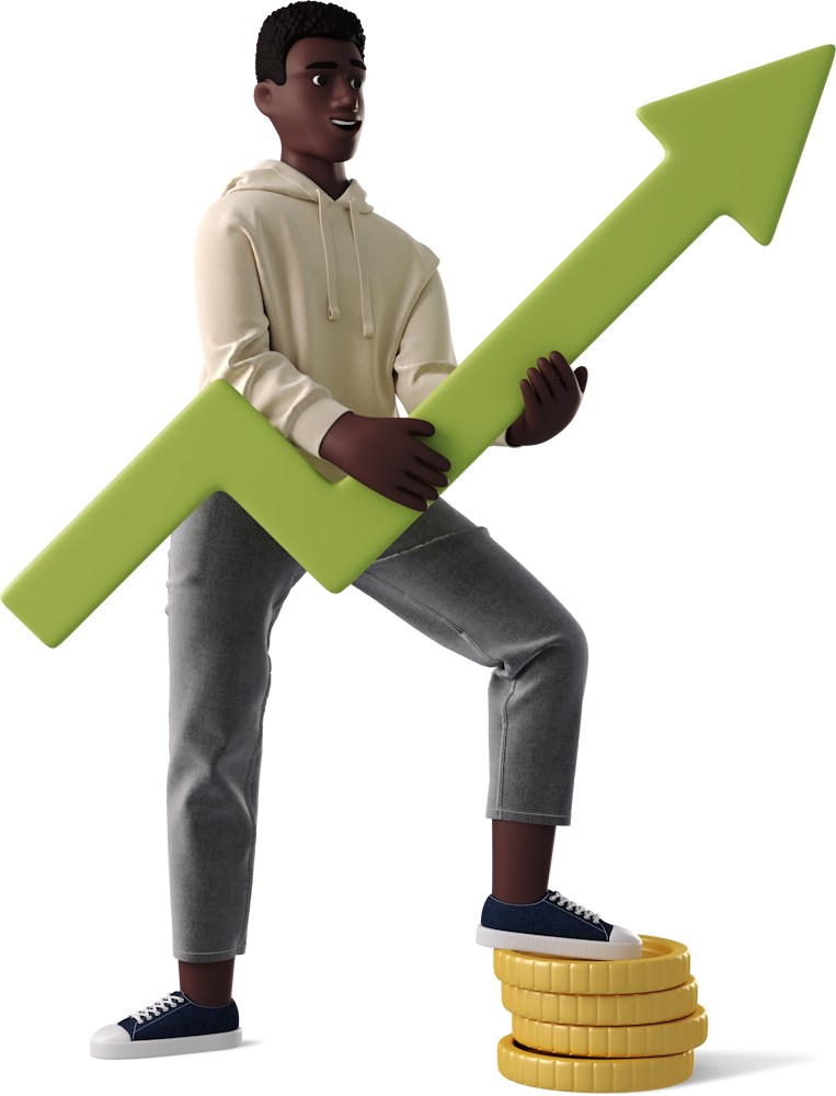 Un homme en sweat clair porte une grande flèche verte ascendante et pose un pied sur une pile de pièces dorées, cela représente l'amélioration du SEO pour WordPress
